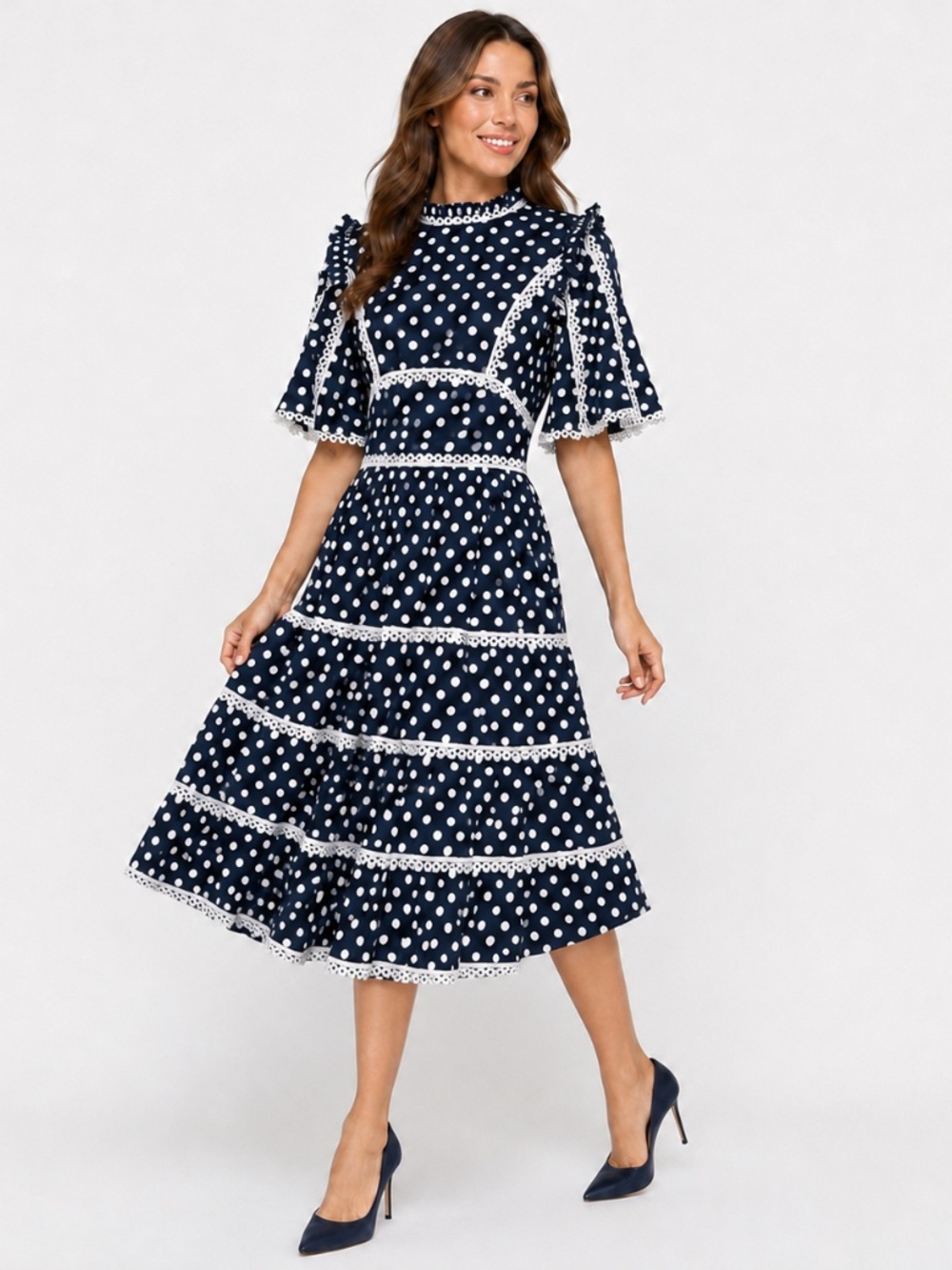Prosperina - Andromeda Navy Polka‎ Dot Cotton Midi Dress